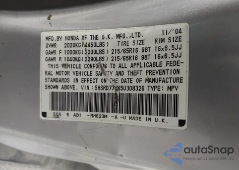 2005 Honda Cr-V Ex from USA, damaged, VIN SHSRD778X5U308326